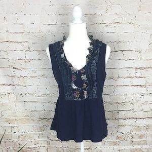 Anthropologie Delletta Navy Cotton Ruffle Tank